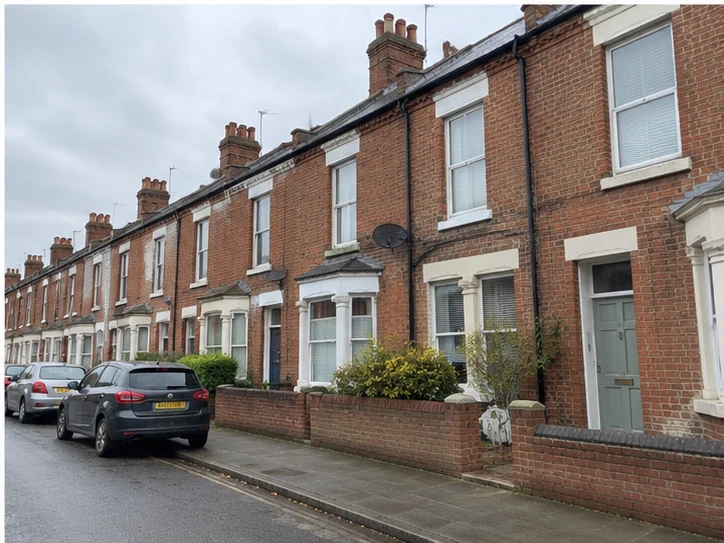 Red-brick Victorian terraced houses on a Worcestershire street